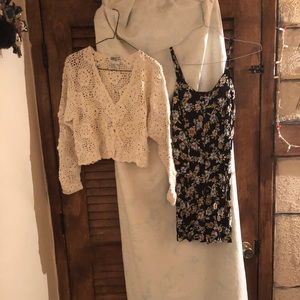 Off white crochet sweater and floral romper